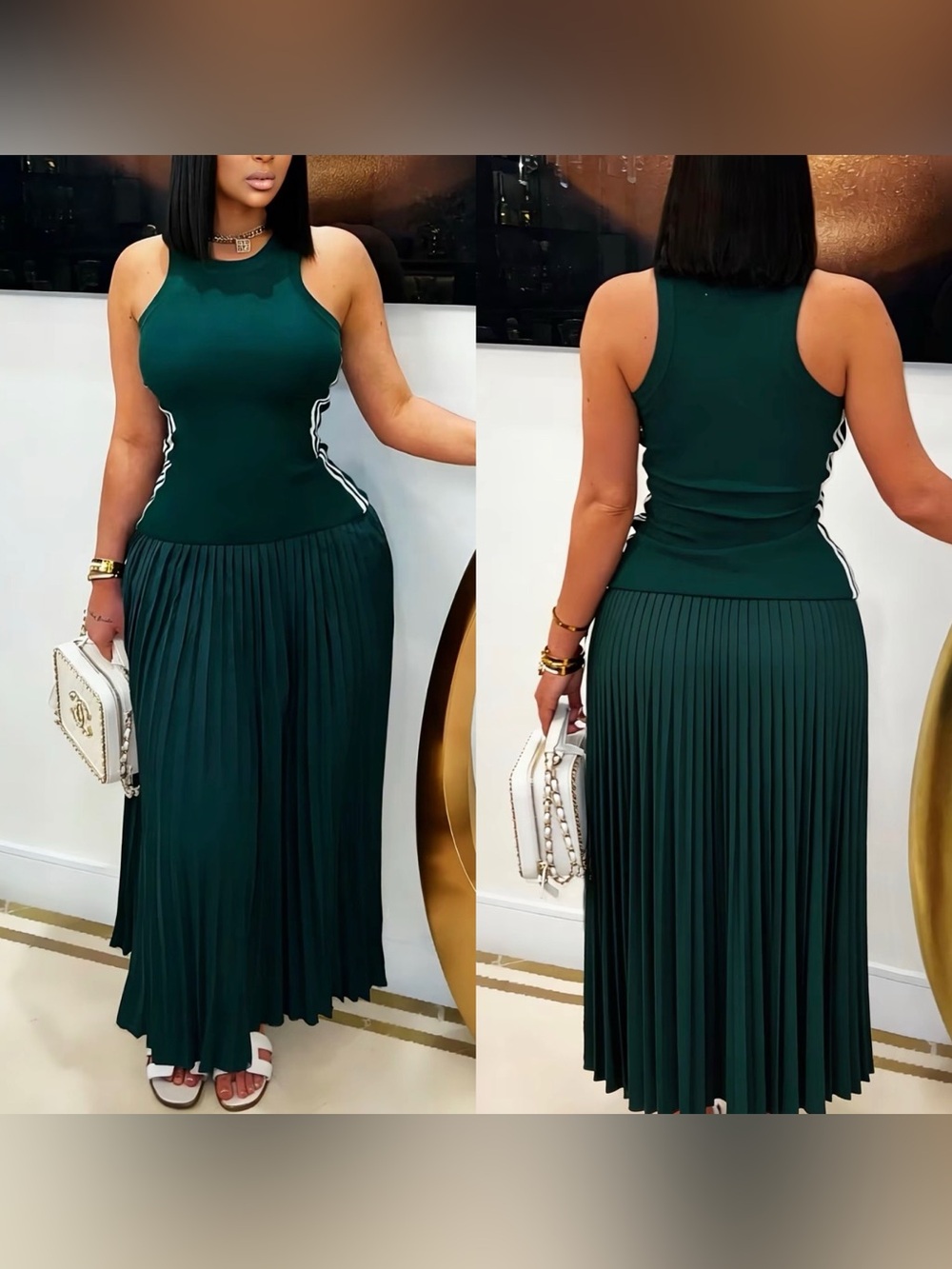 Sleeveless Dark Green Pleated Maxi Dress